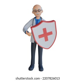 3d Male Senior Doctor Holding Healthy Shield Character Design Illustration