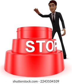 3d man about to press red stop concept on white background - 3d rendering , front angle view