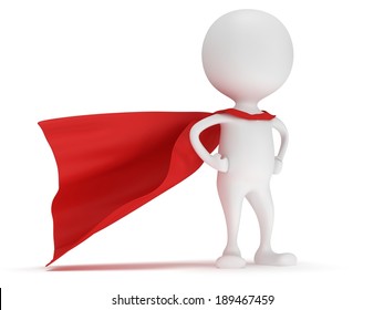 3d man - brave superhero with red cloak. Isolated on white