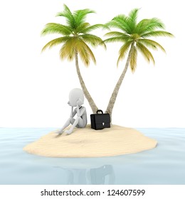 3d Man Businessman Isolated On An Island In The Middle Of The Nowhere