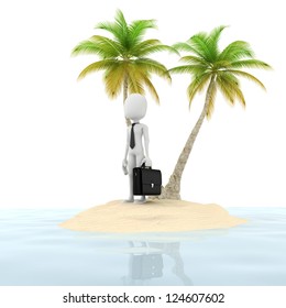 3d Man Businessman Isolated On An Island In The Middle Of The Nowhere