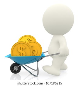 3D Man carrying money in a wheelbarrow - isolated over a white background