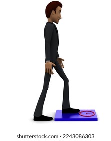 3d man checking weight on weighing scale concept with white background, side angle view