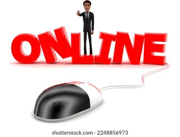 3d man with computer mouse which is connected to ONLINE text through wire concept on white background - 3d rendering, front angle view