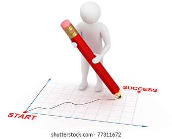 3d man drawing graphic from start to success with red pencil. Growth concept