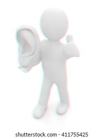 3d man with ear 3d render isolated on white background . 3D illustration. Anaglyph. View with red/cyan glasses to see in 3D.