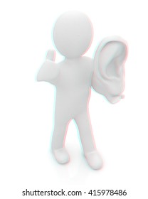 3d man with ear 3d render isolated on white background . 3D illustration. Anaglyph. View with red/cyan glasses to see in 3D.