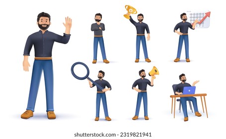 3D man employee with beard holding phone and laptop, walking isolated on white, 3D Businessman poses set, man manager. Cartoon office worker character showing business presentation on lecture - Powered by Shutterstock