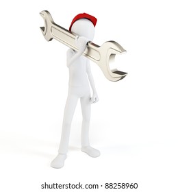 3d man engineer with wrench on white