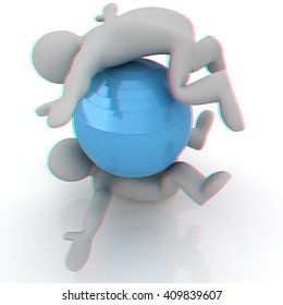 3d man exercising position on fitness ball. My biggest pilates series. 3D illustration. Anaglyph. View with red/cyan glasses to see in 3D.