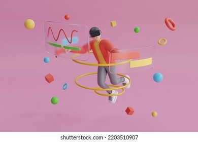 3D man exploring virtual reality with vr goggles and controller.  Future technology and vr gaming concept.  metaverse concept, technology, experience, video games and virtual reality. 3d rendering