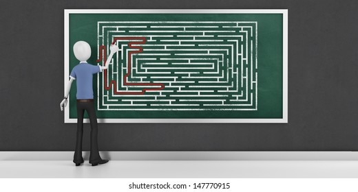3d man finding the solution of maze