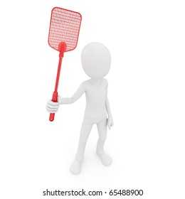 3d Man With Fly Swatter Isolated On White