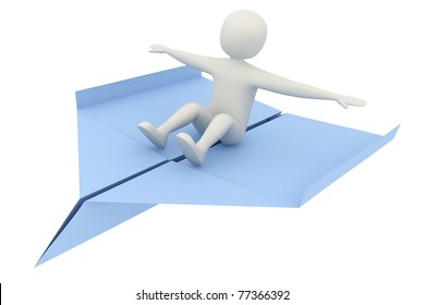 3d man flying on blue paper airplane. Freedom, travel or balancing concept