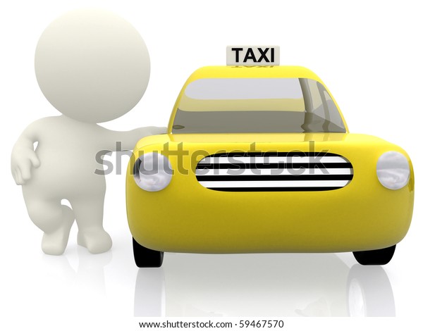 3D man grabbing a yellow taxi - isolated over\
a white background