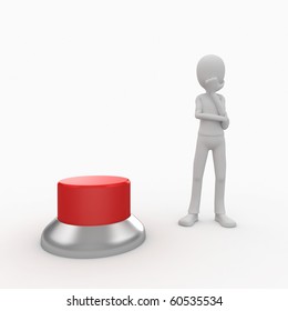 3d man with a green button wondering