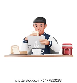 3D Man Having Breakfast with Tablet. Cartoon Character Illustration for Lifestyle and Morning Routine
