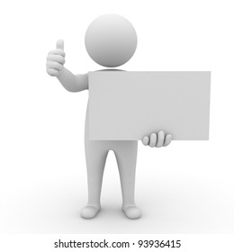 3d man holding blank board and thumbs up on white background
