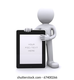3D man holding a blank tablet pc. Advertising concept. Isolated