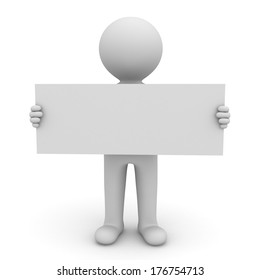 3d man holding long blank sign on white background
