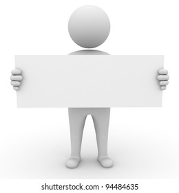 3d man holding long blank board on white background