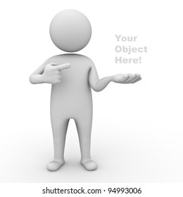 3d man holding your product and pointing finger at it on white background