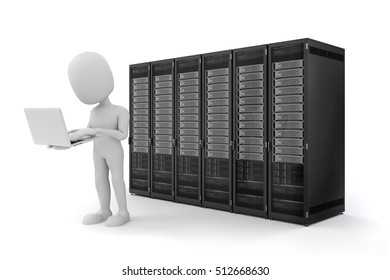 3d man with laptop and server computers