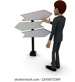 3d man looking for direction on road sign concept on white background, front angle view