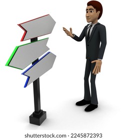 3d man looking for direction on road sign concept on white background, side angle view
