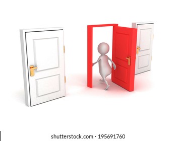 3d Man Make Right Choice Walk Through Red Door. Success Concept 3d Render Illustration