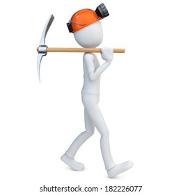 3d Man Miner With Hardhat And Pickaxe On White Background