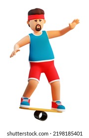 3d Man On A Balance Board. Funny Cartoon Sportsman Is Balancing. 3d Render.