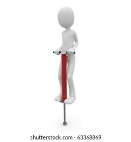 3d Man With Pogo Stick Isolated On White