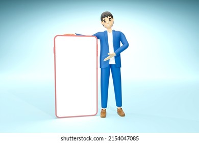 3D man precent a smartphone , 3D rendering.