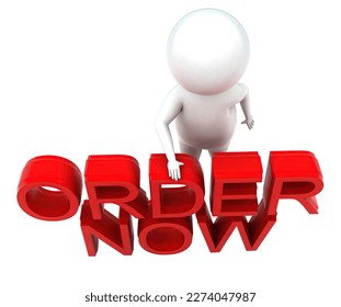 3d man presenting order now text concept in white isolated background - 3d rendering , top angle view