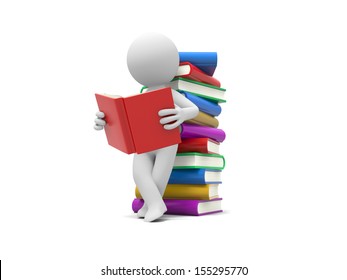 3d Man Reading A Book, Leaning Back Against A Pile Of Books