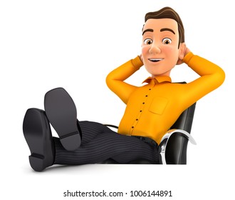 3d man relaxing with feet up on his desk, illustration with isolated white background