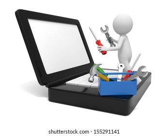 A 3d man repairing a computer with tools - Powered by Shutterstock