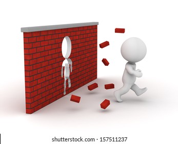 3D Man running through a brick wall 