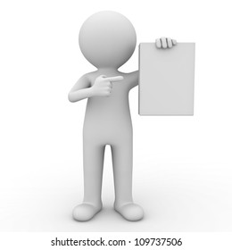 3d man showing blank box or book and pointing finger at it over white background