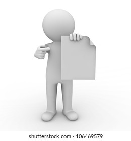 3d man showing blank paper and pointing finger at it on white background