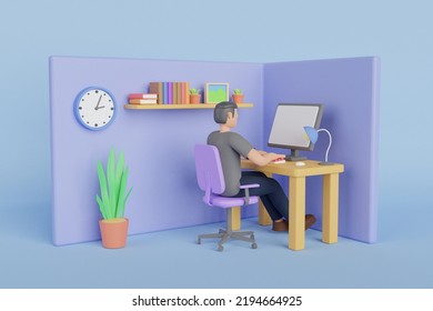  3D Man Sitting In Front Of Laptop, Man Work On Computer. Employee In A Suit Working On A Laptop Computer At His Clean And Sleek Office Desk. 3d Rendering