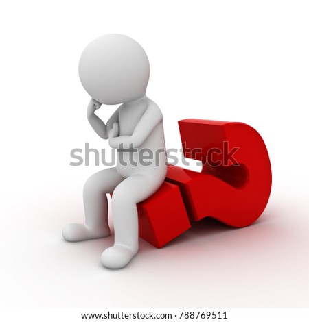 3d man sitting on big red question mark and thinking isolated over white background. 3D rendering.