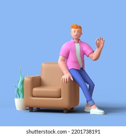 3d Man Sitting On Brown Leather Couch Giving Okay Hand Gesture Color Icon. Three Dimensional Render Illustration.