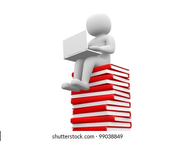 3d Man Sitting On A Pile Of Books Working At His Lapop