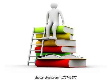 3d Man Sitting On Stack Of Books And Ladder