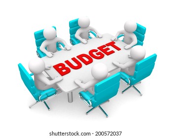 3D man sitting at a round table and having business meeting - 3d render illustration - and word BUDGET