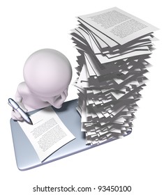 3d man with stack of papers on his desk