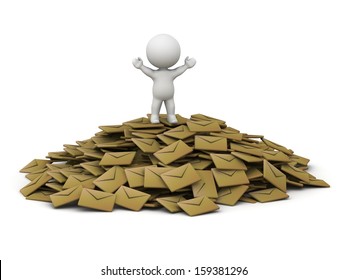 3D Man Standing With Arms Up On Top Of Pile Of Emails 