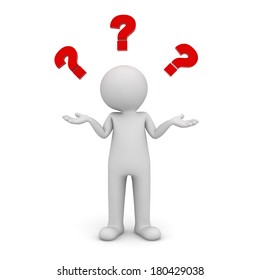 3d Man Standing And Having No Idea With Red Question Marks Above His Head Isolated Over White Background